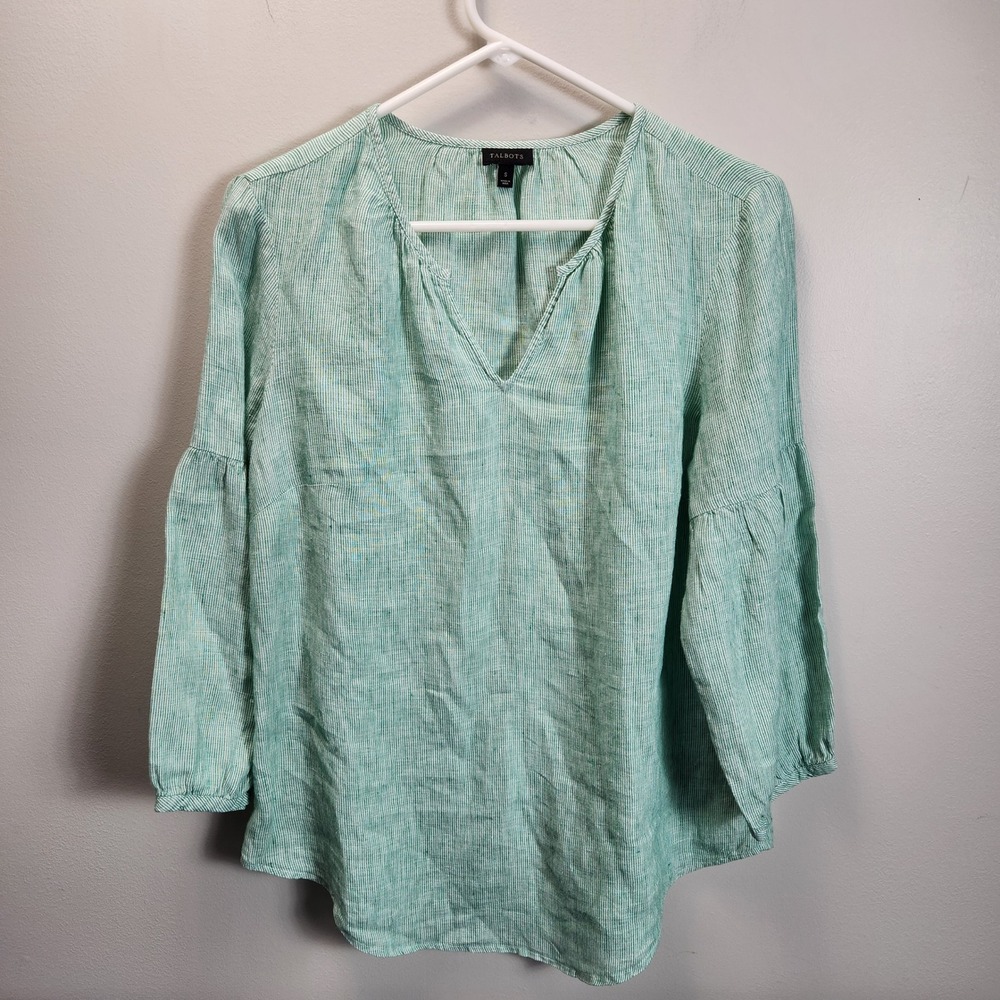 Talbots‎ Linen Tunic Top Green White Striped V-Neck 3/4 Lantern Sleeve Small